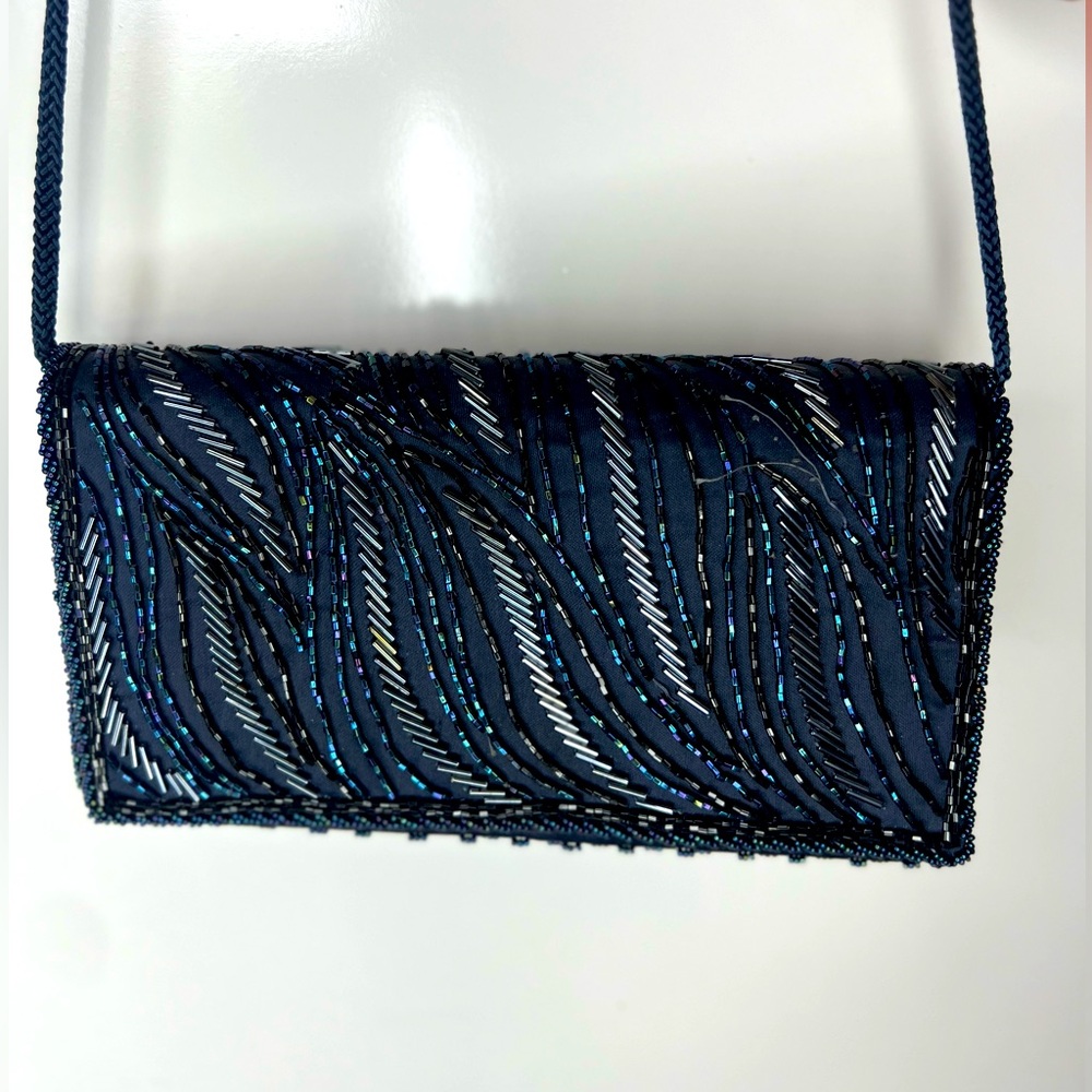 Vintage 1960s Genie Cross Body Beaded Purse Black/Navy Blue/Silver Evening Bag - Picture 3 of 16